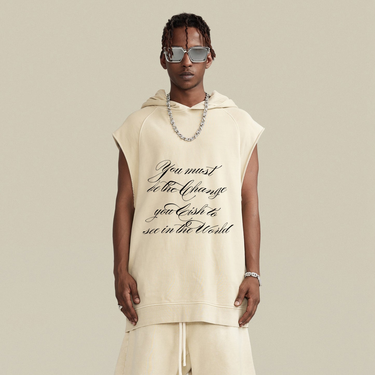 change | sleeveless hoodie | sand